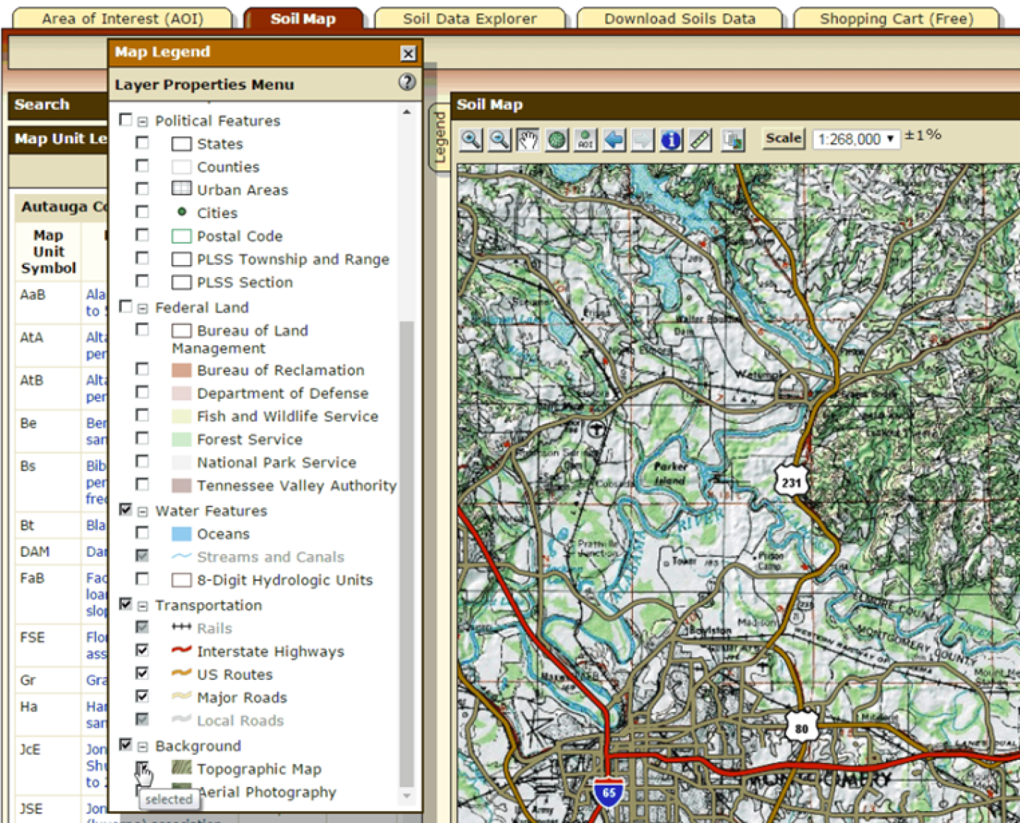 You can view maps against a topographic backdrop by selecting Topographic Map in the Background layer group on the Legend tab.