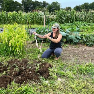 NRICD Conservationist, Marina Capraro, digs up completely deteriorated undies on August 10, 2023, at Snake Den Farm in Johnston, RI, as part of the RI Soil Your Undies Challenge.