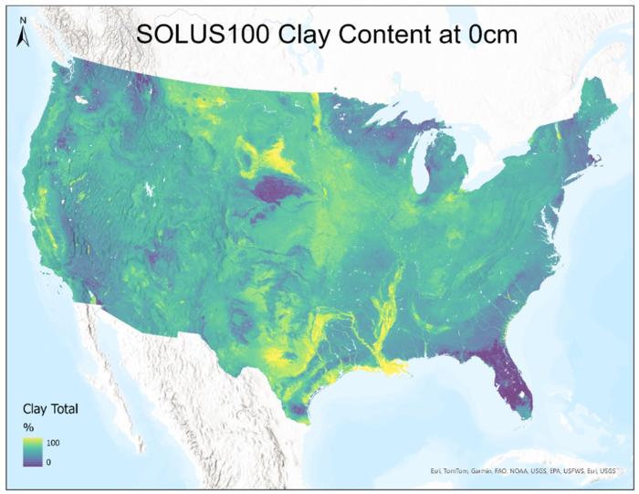 Example SOLUS100 map showing clay content predicted at the 0 cm depth for the continental U.S.