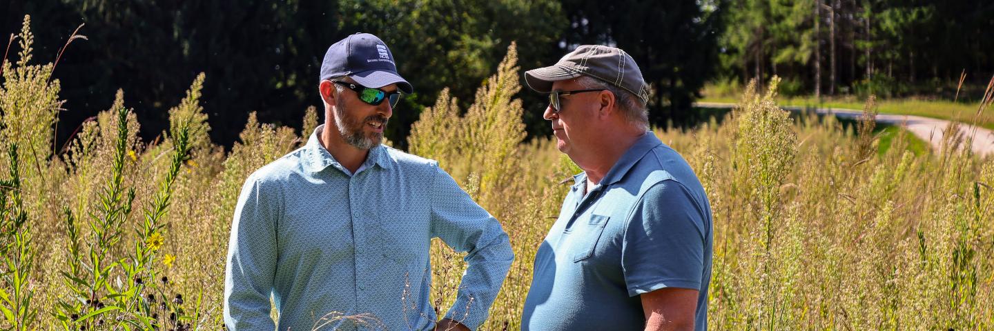 Two men talking in a prairie planting.