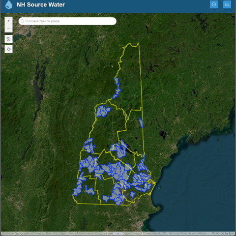 A picture of map showing Source Water Protection focus areas in New Hampshire