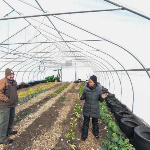 man and woman in greenhouse